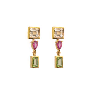 Tourmaline and Peridot Dangle Earrings - 925 Sterling Silver and Gold Plated