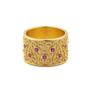 Large Byzantine Ring with Red Zircon - Sterling Silver and 18K Gold Plating