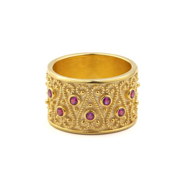 Large Byzantine Ring with Red Zircon - Sterling Silver and 18K Gold Plating