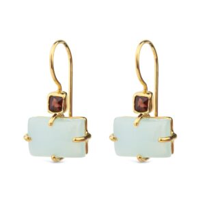 Dangle Earrings in 925 Silver & Gold Plating with Garnet and Aqua Chalcedony