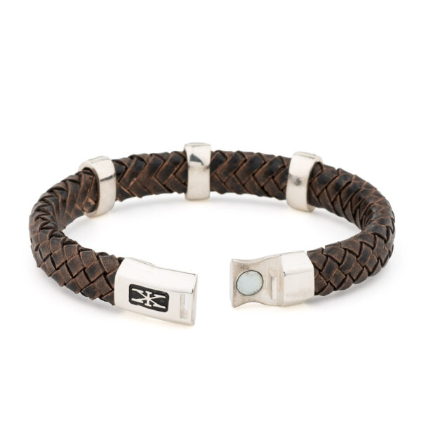 Sterling Silver Bracelet with Greek Key Motif - Genuine Leather - Image 3
