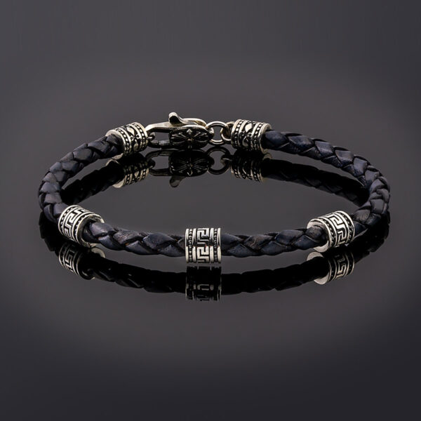 Greek Key Bracelet - Sterling Silver and Braided Genuine Leather - Image 1