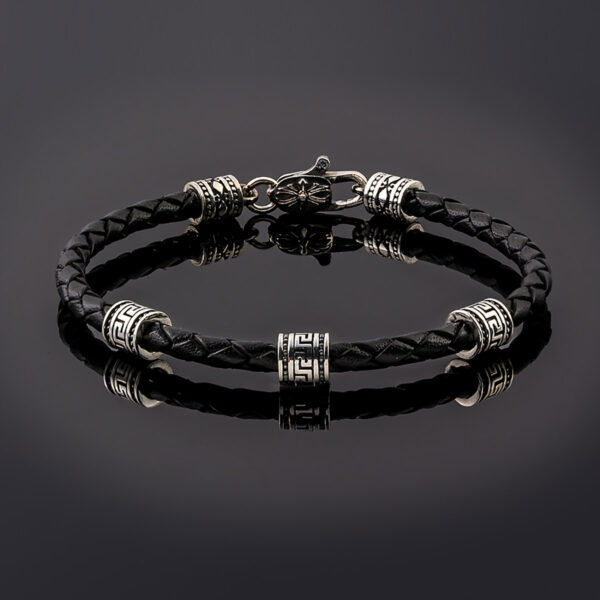Greek Key Bracelet - Sterling Silver and Braided Genuine Leather - Image 3