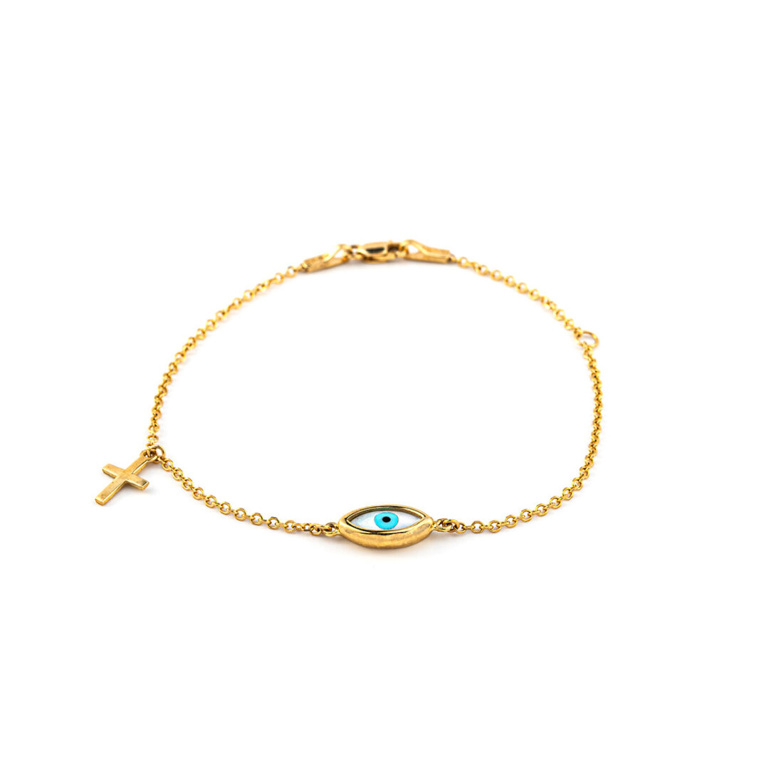 AL-B-00907054 Evil eye Bracelet with Cross - 9K Yellow Gold - Image 1
