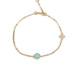 Evil Eye Chain Bracelet with Cross - 14K Yellow Gold and Enamel