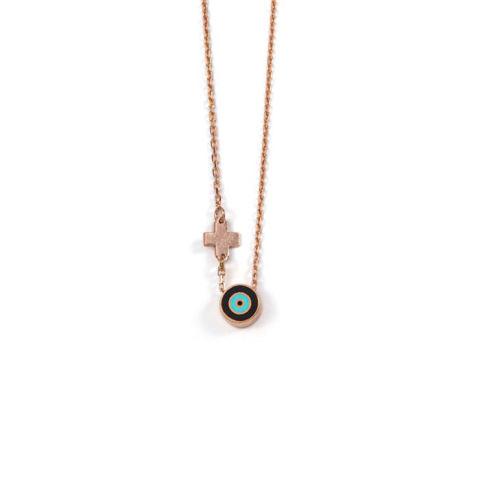 Black Round Eye Necklace with Cross - Sterling Silver and Rose Gold Plated - Image 1
