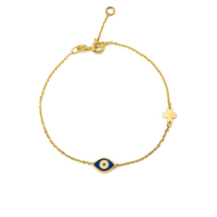 Evil Eye Blue Enamel Bracelet with Cross - Sterling Silver and Gold Plated - Image 1