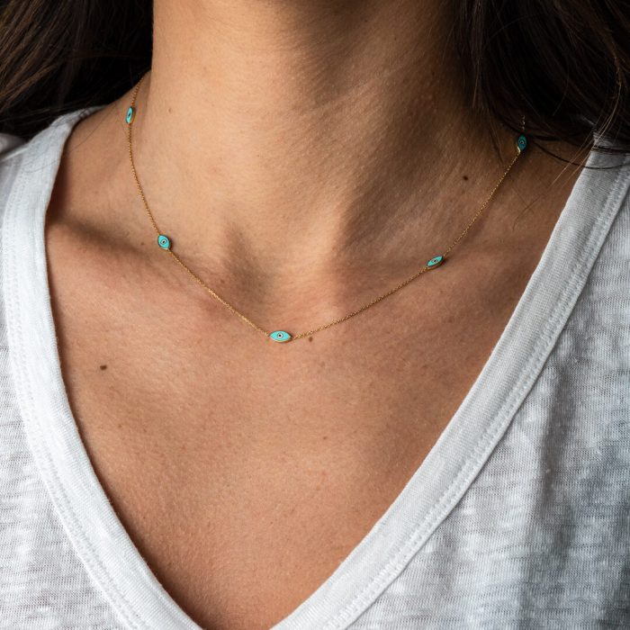 Evil Eyes Necklace - 14K Yellow Gold with Turquoise Enamel - Image 2
