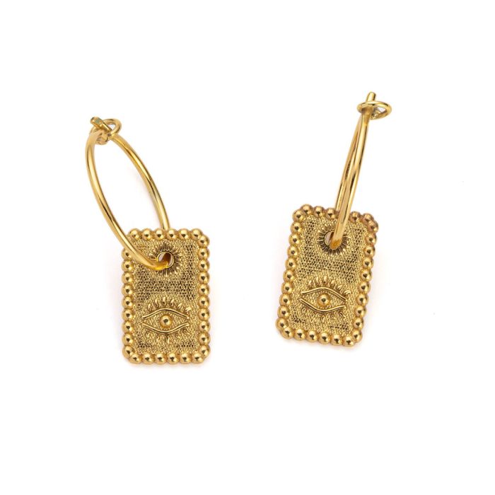 Sterling Silver Hoop Earrings with Engraved Eye - Image 1