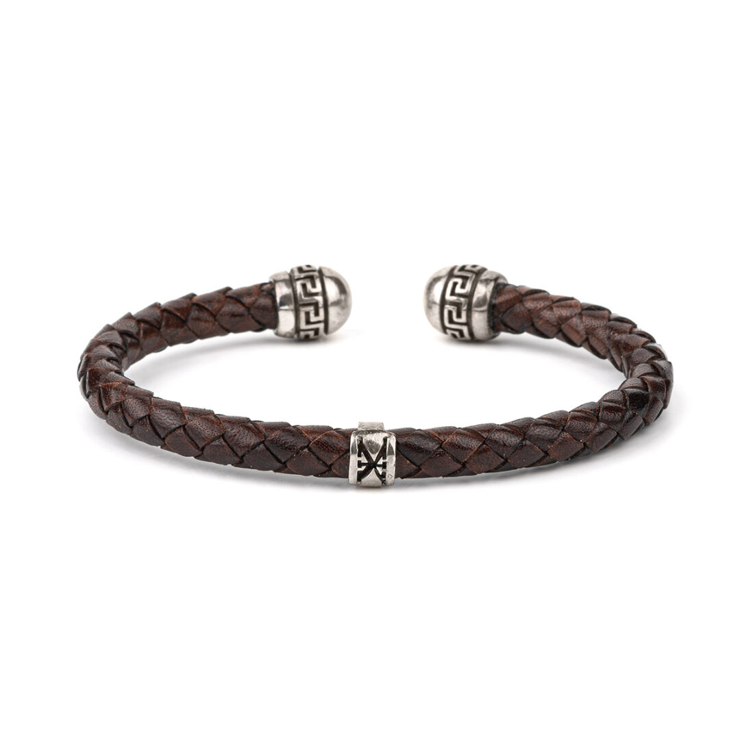 AX-B-03589020-722-0367-1 Greek Key Leather Cuff Bracelet – Sterling Silver Axion Jewelry - Image 1