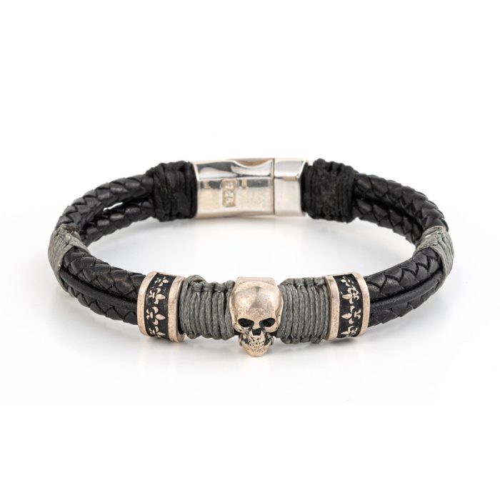 Skull with Fleur-de-lis bands leather Bracelet - Image 1