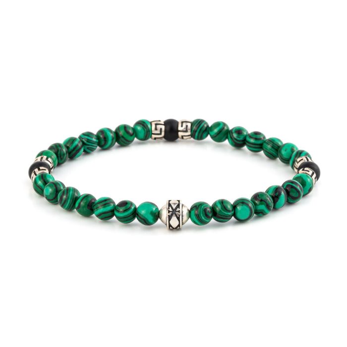 Meander Bracelet – 925 Sterling Silver with Malachite and Onyx Beads - Image 1