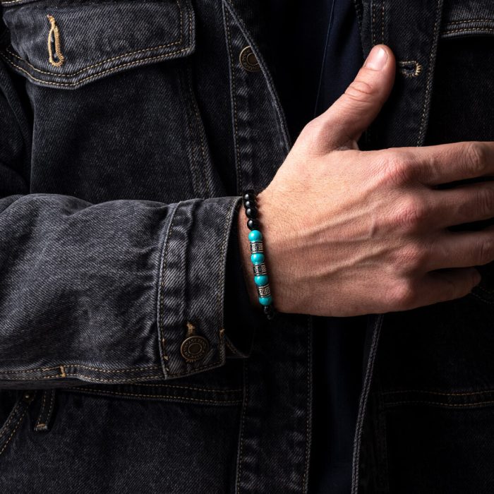 Sterling Silver Meandros Motif Bracelet with Onyx and Turquoise Beads - Image 2