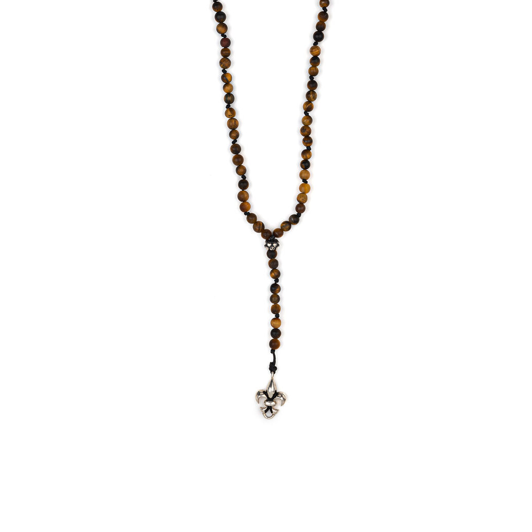 AX-NE25882025 Fleurs De Lis Rosary Necklace with Tiger Eye Beads - 925 Sterling Silver - Image 1