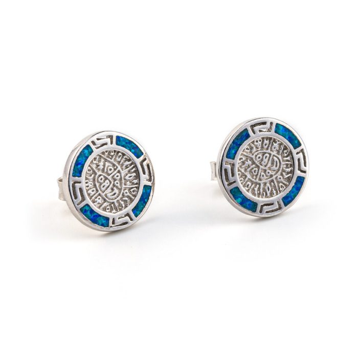 Phaistos Disc Stud Earrings - Sterling Silver 925 with Opal - Image 1