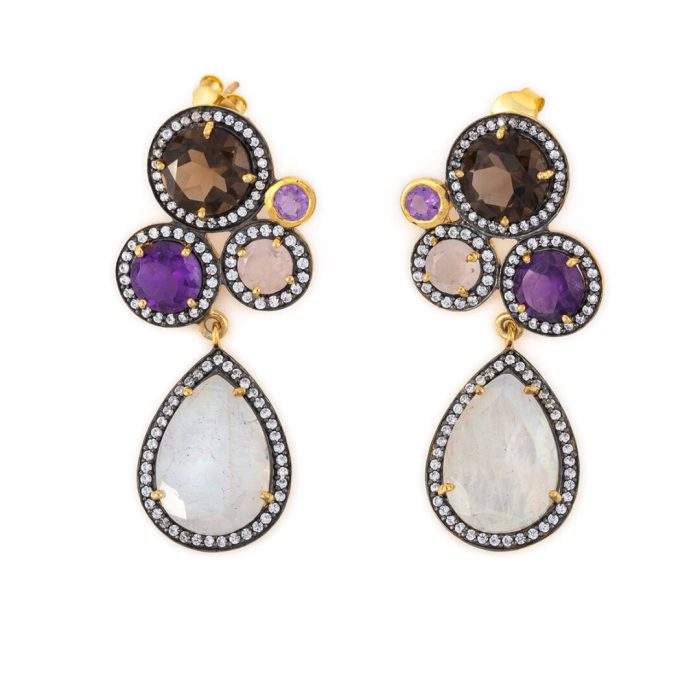 Dangle Multi Stone Earrings ~ Moonstone & Amethyst & Smoked Quartz - Image 1