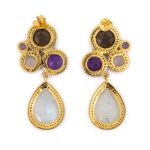 Dangle Multi Stone Earrings ~ Moonstone & Amethyst & Smoked Quartz - Image 3