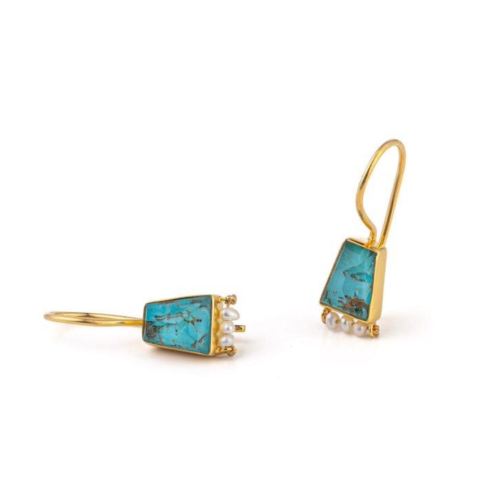 Turquoise copper and Pearl Earrings - 925 Sterling Silver and Gold Plated - Image 1