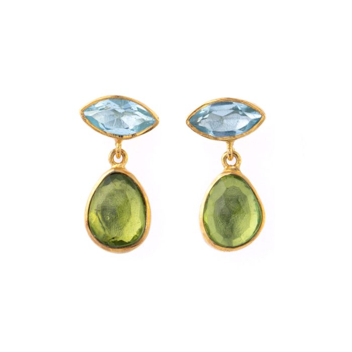 Aquamarine and Peridot Dangle Earrings - 925 Sterling Silver and Gold Plated - Image 1