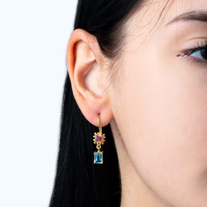 Blue Topaz Tourmaline Dangle Earrings - Sterling Silver and Gold Plated - Image 2