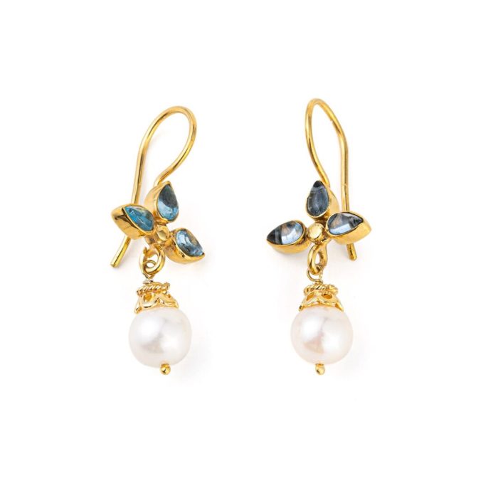 Blue Topaz n Pearl Flower Earrings - 925 Sterling Silver and Gold Plated - Image 1