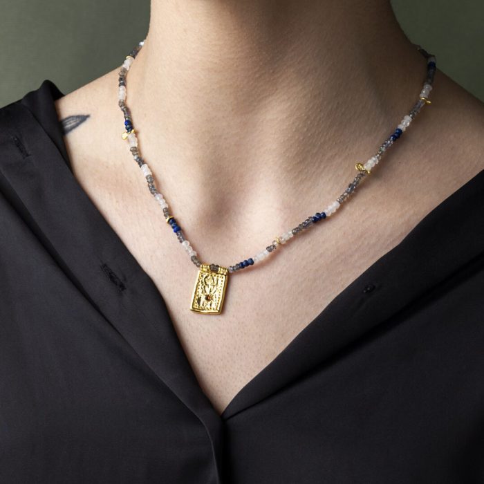 925 Sterling Silver and Gold Plated Necklace with Lapis Lazuli, Labradorite and Moonstone - Image 2