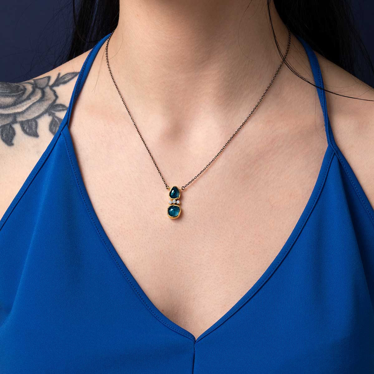 EI-NE-07606033-KLP1460m 925 Sterling Silver and Gold Plated London Blue Topaz Necklace - Image 2