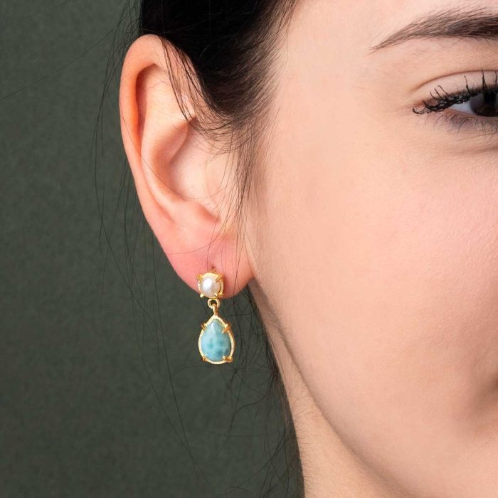 Larimar Drop Pearl Earrings - Image 2