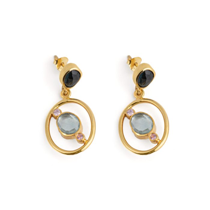 Κυκλικά Σκουλαρίκια με London Blue Topaz και Ζιργκόν - Επιχρυσωμένο Ασήμι 925 - Image 1
