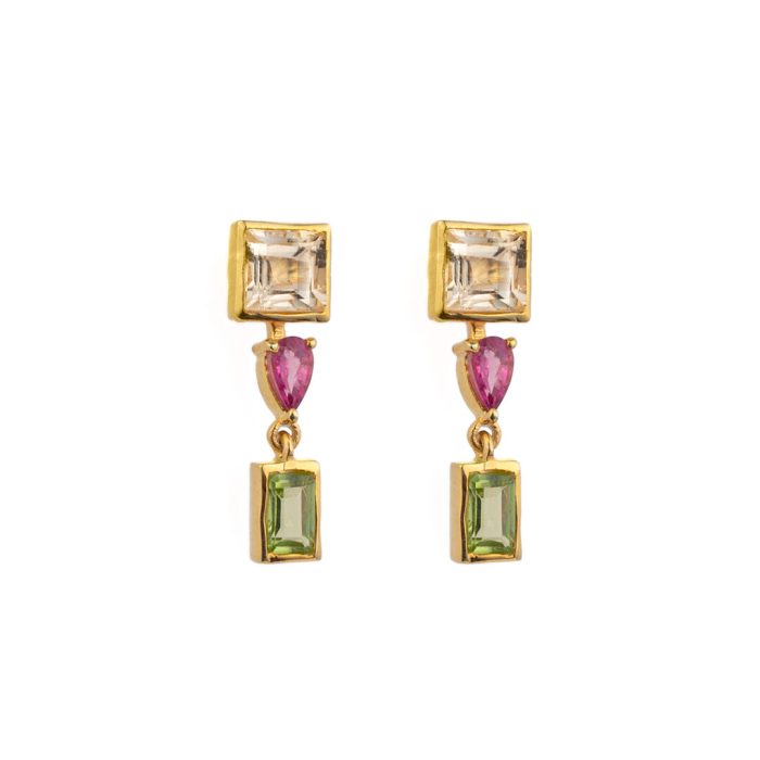 Tourmaline and Peridot Dangle Earrings - 925 Sterling Silver and Gold Plated - Image 1
