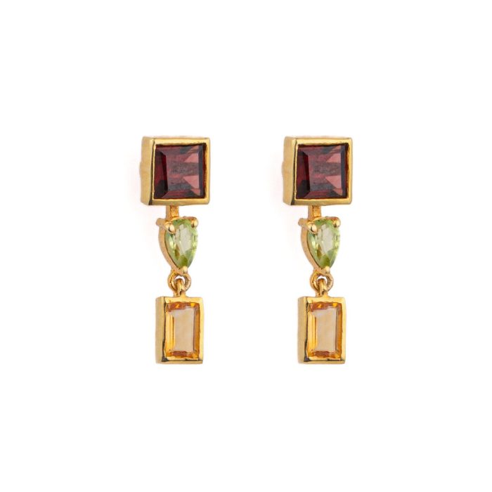 Garnet and Peridot Dangle Earrings - 925 Sterling Silver and Gold Plated - Image 1
