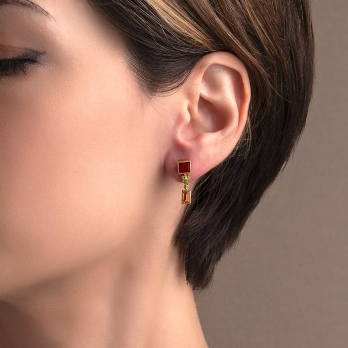 Garnet and Peridot Dangle Earrings - 925 Sterling Silver and Gold Plated - Image 2