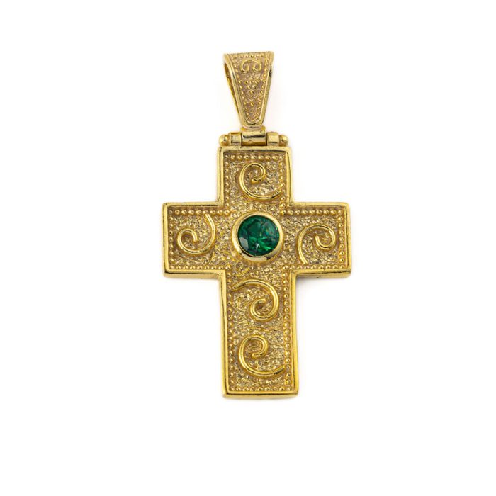 Byzantine Cross Pendant with Zircon - 925 Sterling Silver Gold Plated - Image 1