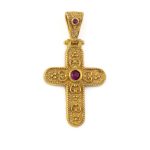 Βυζαντινός Σταυρός με κόκκινο Ζιργκόν - Ασήμι 925 Επιχρυσωμένο