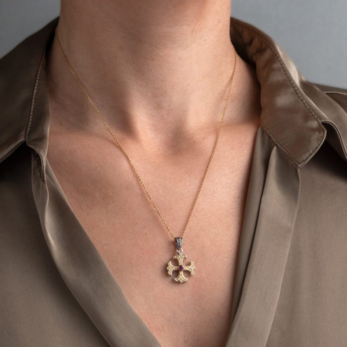 Gerochristo - Classic Cross in 18K Gold and Sterling Silver with ruby - Image 2