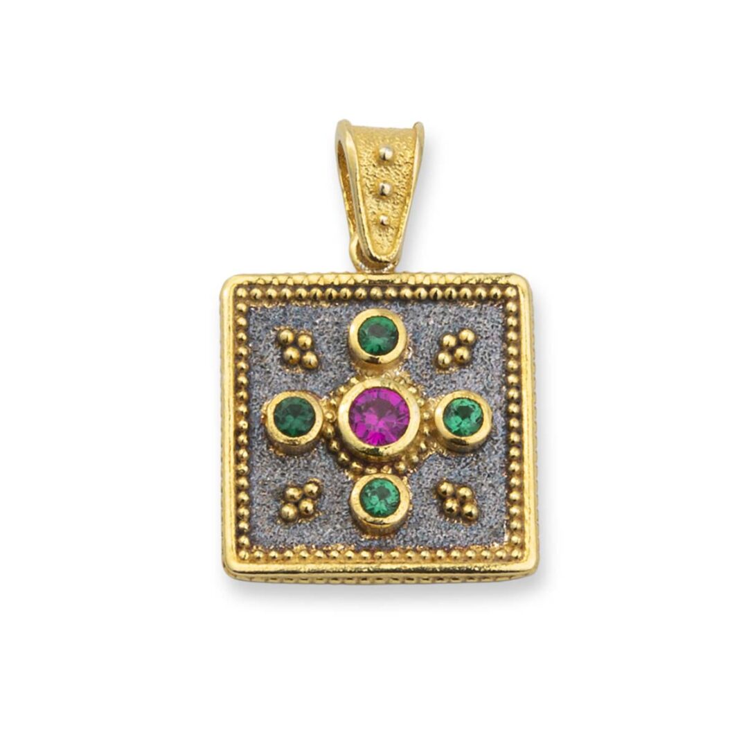 GK-MD-09764015 Byzantine Square Pendant with Multicolor Zircon Stone