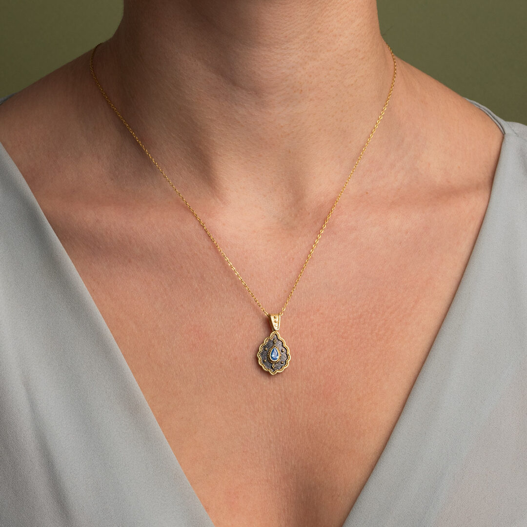 GK-MD-09765010m Byzantine Flower Pendant with Blue Zircon Stone - Image 2