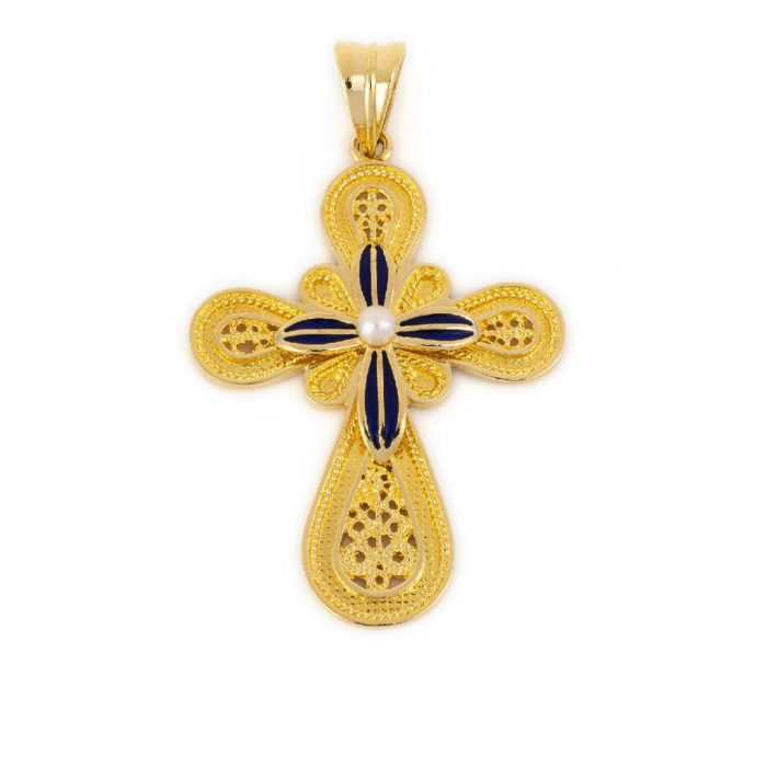 18K Gold Filigree Cross with Pearl - Image 4