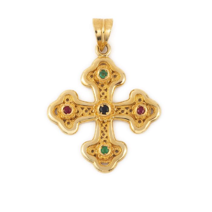 18k Gold Byzantine Cross with multi precious stones - Image 1
