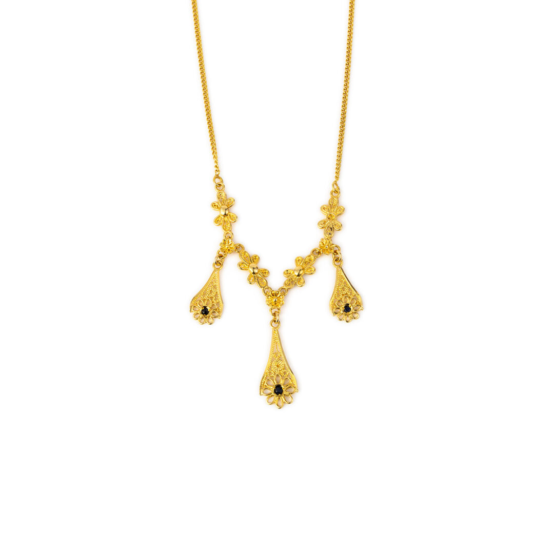 KA-N-02792b 18K Gold Byzantine Filigree Sapphire Necklace - Image 1