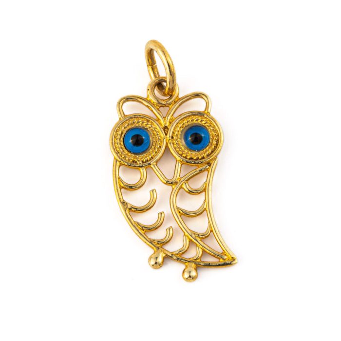 14k Gold Filigree Pendant - Wisdom Owl with Blue Eyes - Image 1