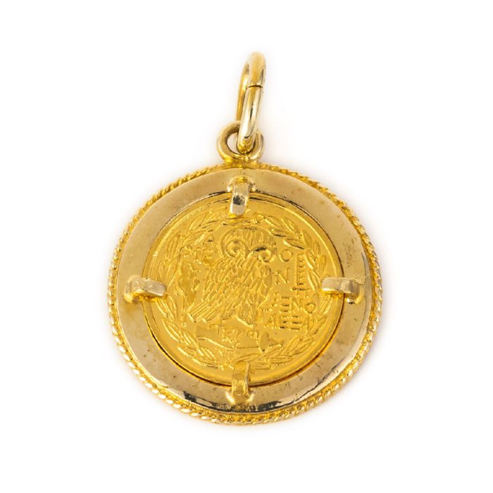 Enamel Goddess Athena Coin Pendant - 14K Gold - Image 3