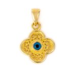 Filigree Cross Pendant with Evil Eye - 14K Gold