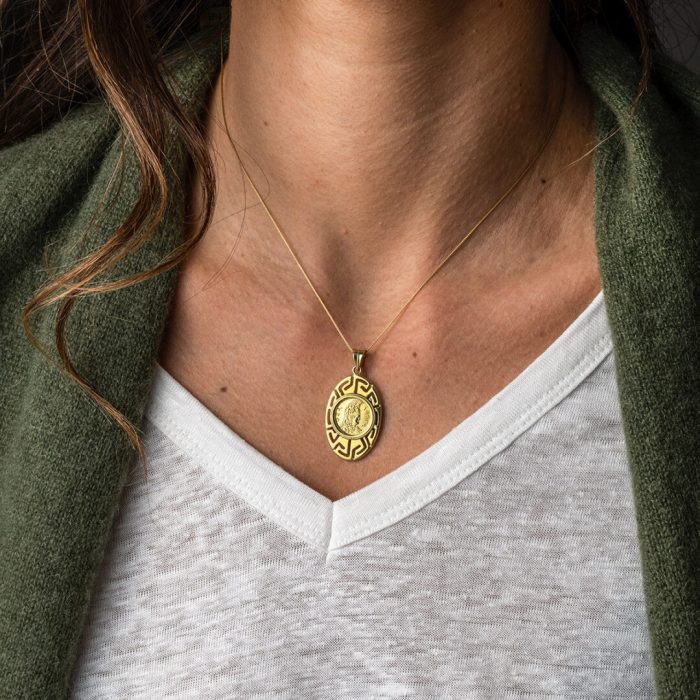 Athena and Owl Pendant with Greek Key - 14K Solid Gold - Image 2