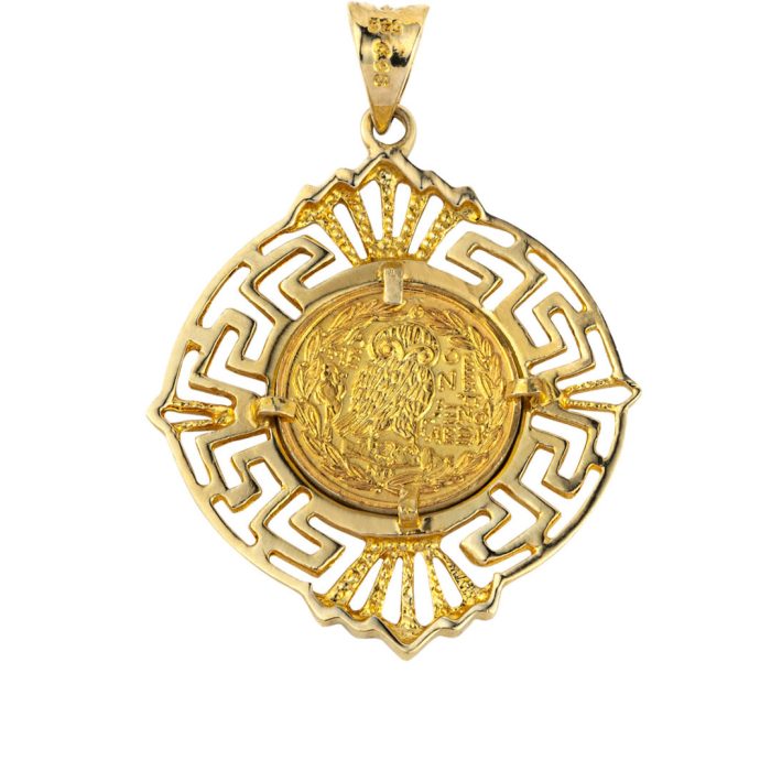 Goddess Athena and Owl Pendant with Greek Key - 14K Gold - Image 3