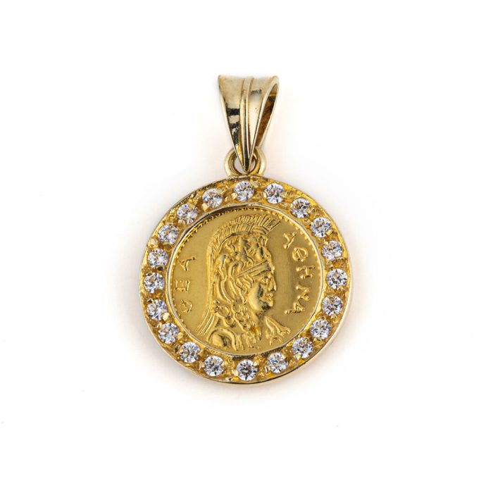 Goddess Athena and Owl Pendant with Crystals - 14K Solid Gold - Image 1