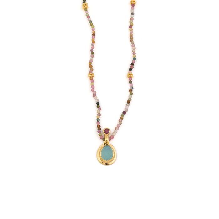 Aqua Chalcedony and Tourmaline Necklace - 925 Sterling Silver and Gold Plated - Image 1