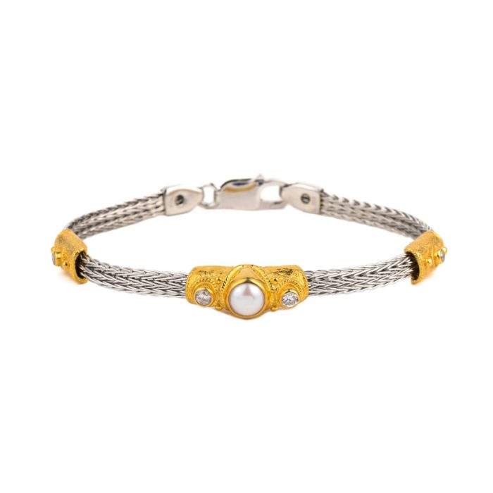 Byzantine Bracelet with Pearl and Swarovski - Sterling Silver Gold Plated - Image 1