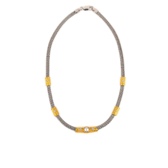 Byzantine Silver Gold Plated Necklace with Pearl and Swarovski crystals - Image 1