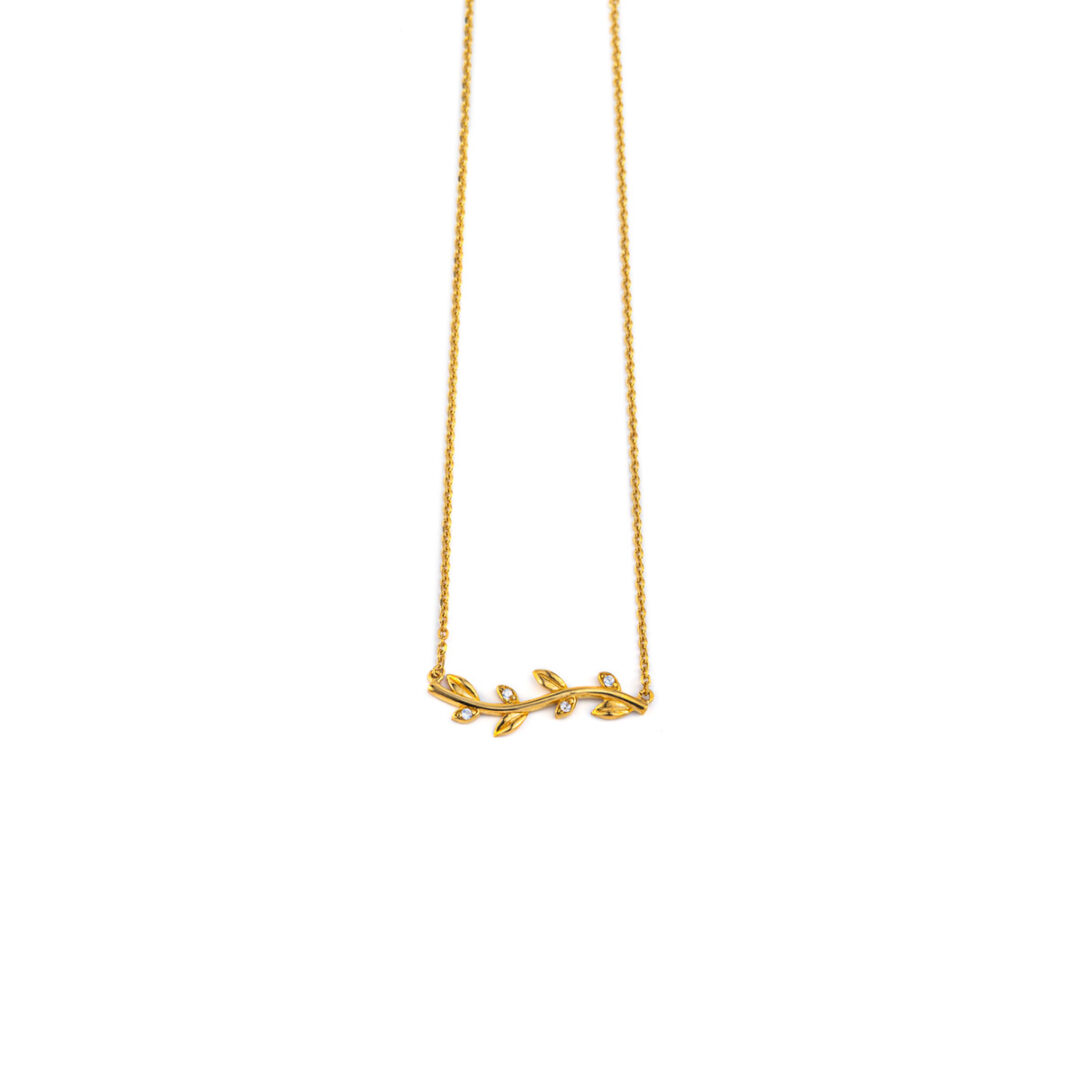 KS-NE-E2-8 Leaf Necklace with Zircon - 14k Yellow Gold - Image 1